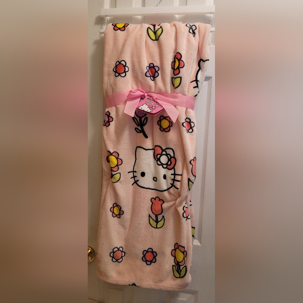 Hello Kitty Spring Easter Flowers Pink Plush Throw Blanket 50 X 70